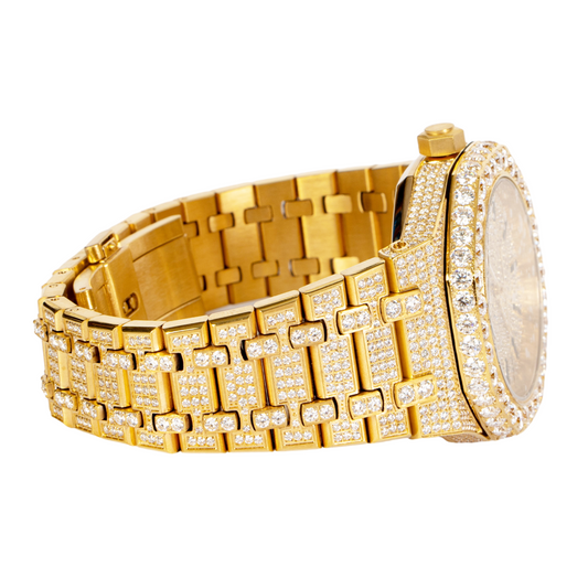 Royal Jewelry and Watches Moissanite mens gold watch with a shimmering design and elegant gold band