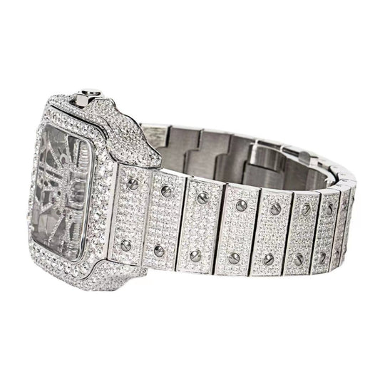 Royal Jewelry Moissanite mens watch with a stunning diamond-studded silver bracelet and intricate design