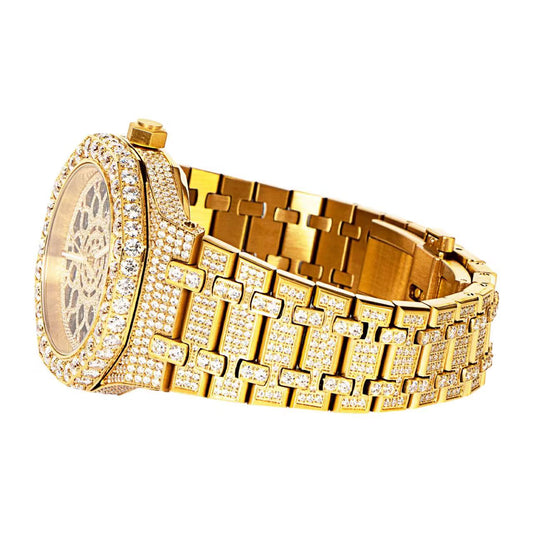 Moissanite Stainless Steel Skeleton Dial Yellow Band Mens Watch