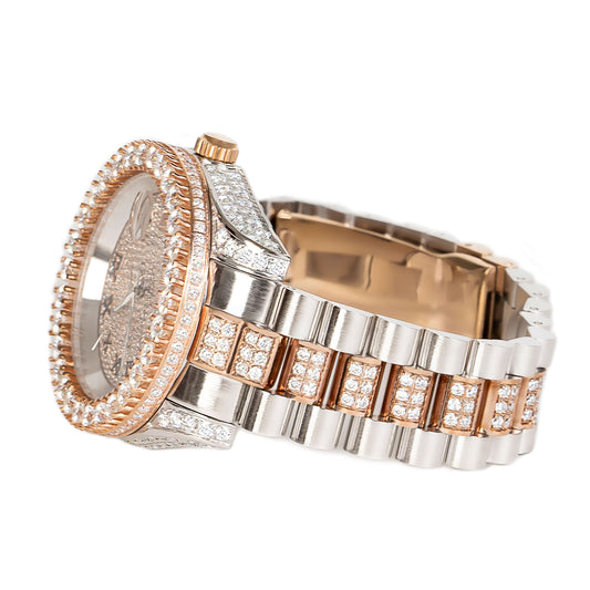 Luxury moissanite men's watch with a stunning two-tone gold and silver design, encrusted with sparkling stones