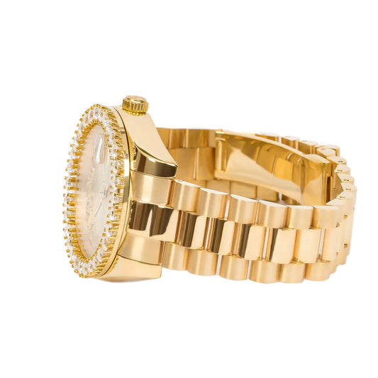 Moissanite Stainless Steel Gold Dial Mens Yellow Steel Band Watch