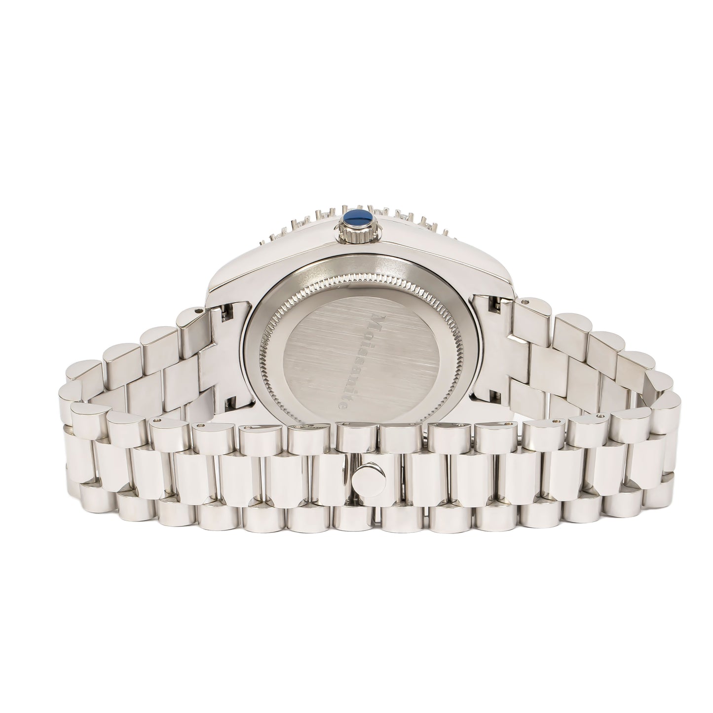 Moissanite Stainless Steel Black Dial Mens White Steel Band Watch