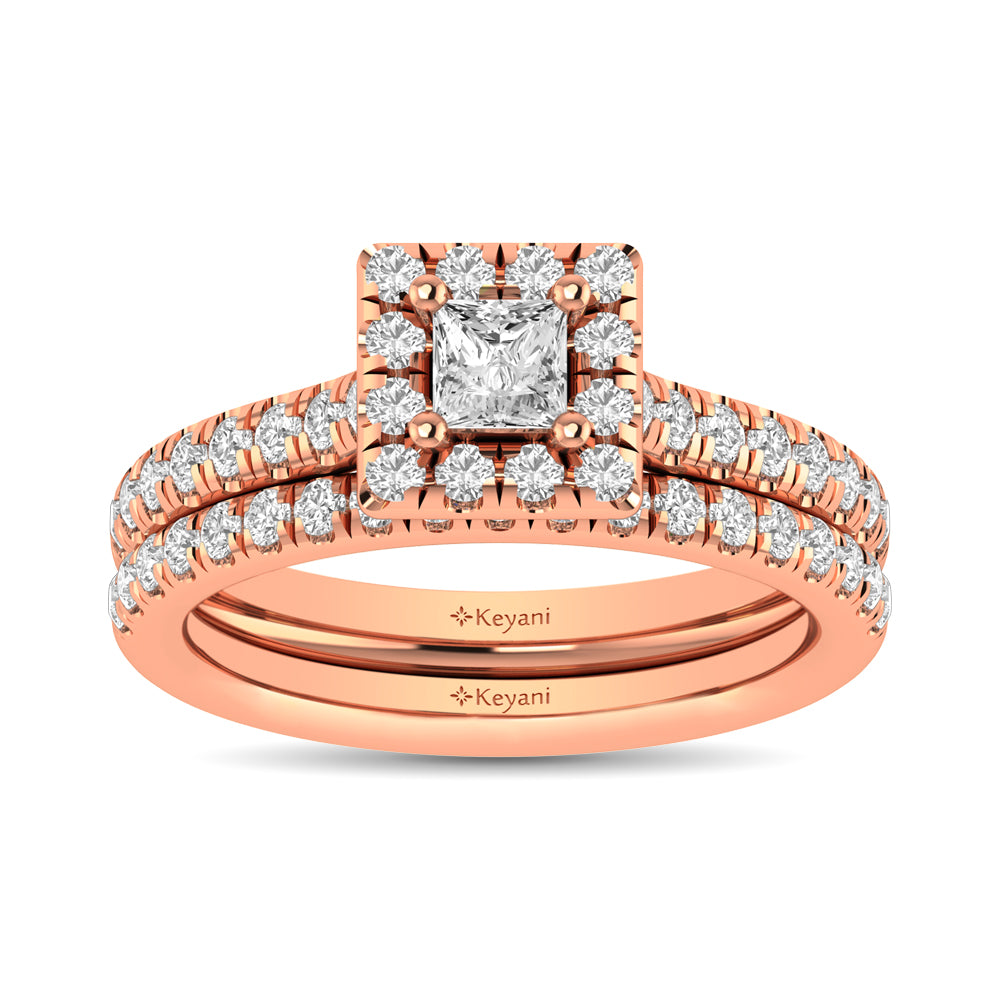 Diamond Classic Shank Single Halo Bridal Ring 1 CT Princess Cut in 14K Rose Gold