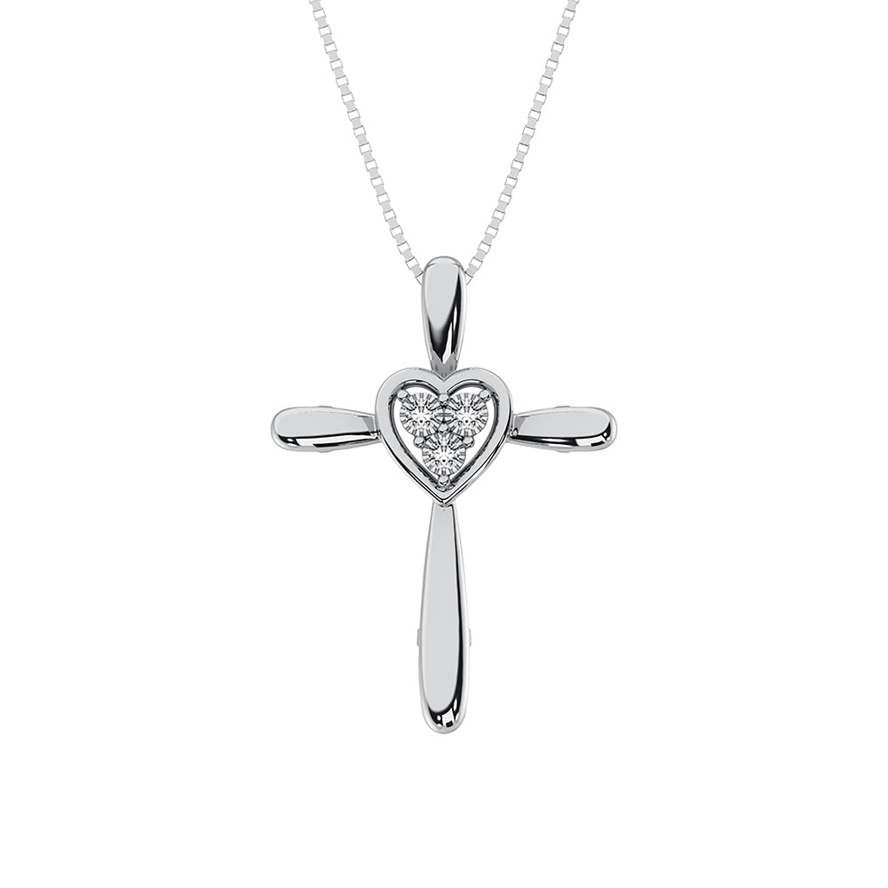 Sterling Silver 1/50 CT Diamond Cross with Heart Necklace