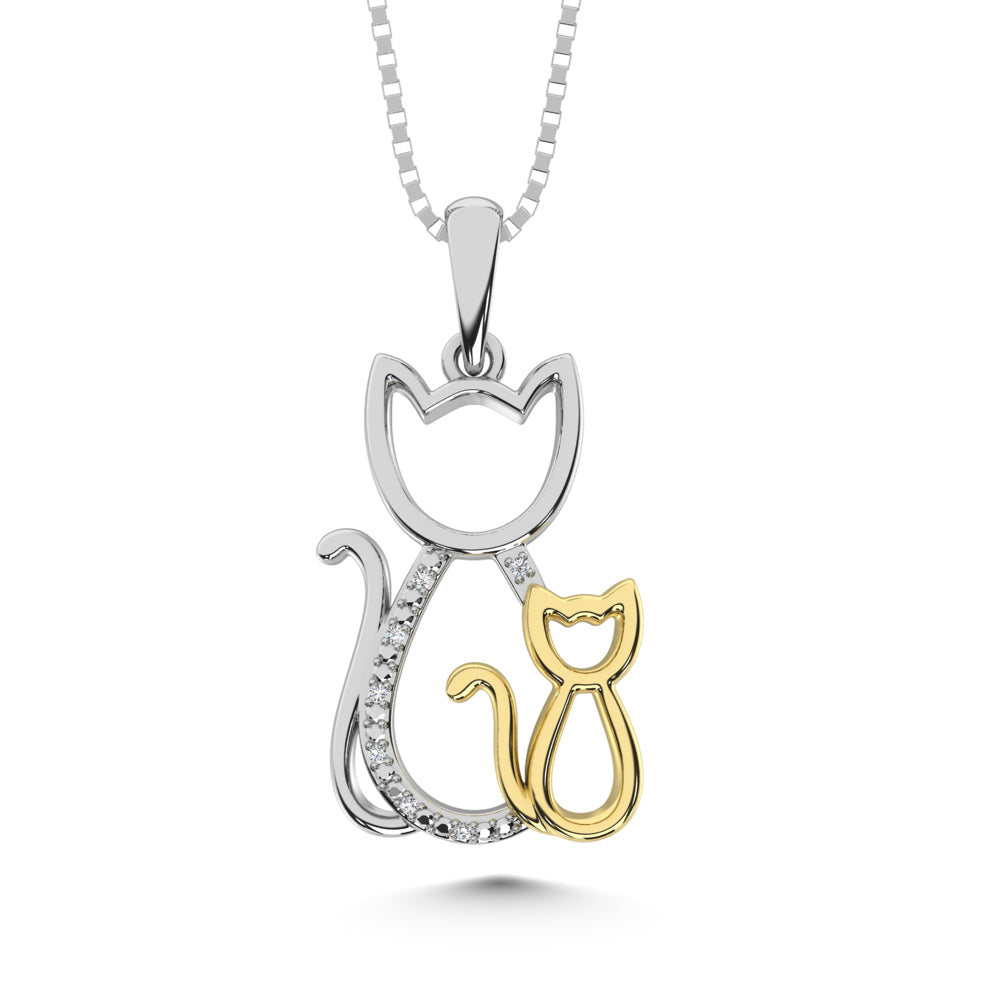 Diamond Accent Cat and Kitten Pendant in Sterling Silver and 10K Yellow Gold 1/50 cts
