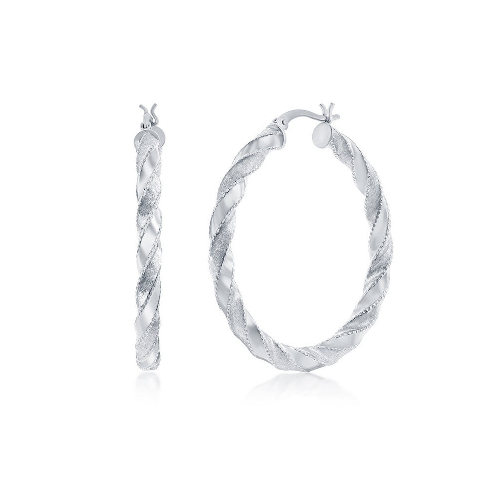Sterling Silver, Polished & Satin 30mm Twisted Hoops