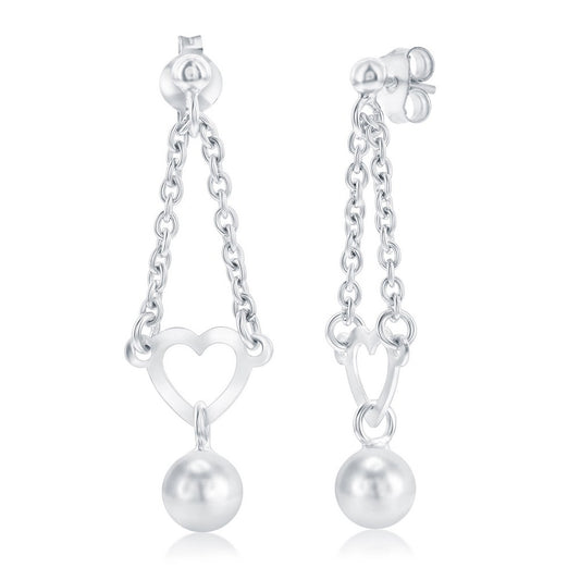Sterling Silver, Heart w/Bead Charm, Chain Design Earrings