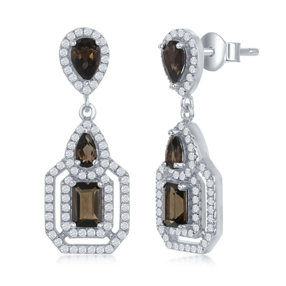 Classic Of New York sterling silver smokey quartz earrings with intricate geometric design and sparkling accents