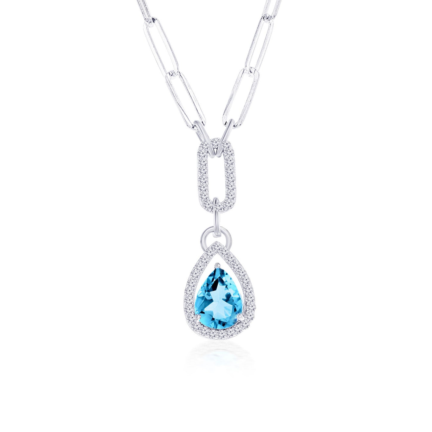 Sterling Silver, Pearshaped 7x9mm Blue Topaz & White Topaz Paperclip Necklace