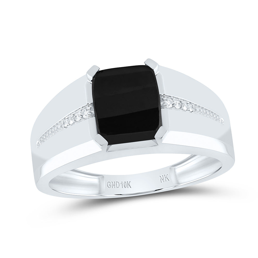 MEN'S RING 1/20 CTW NATURAL DIAMOND 9X7 MM ONYX BLACK 10K WHITE GOLD