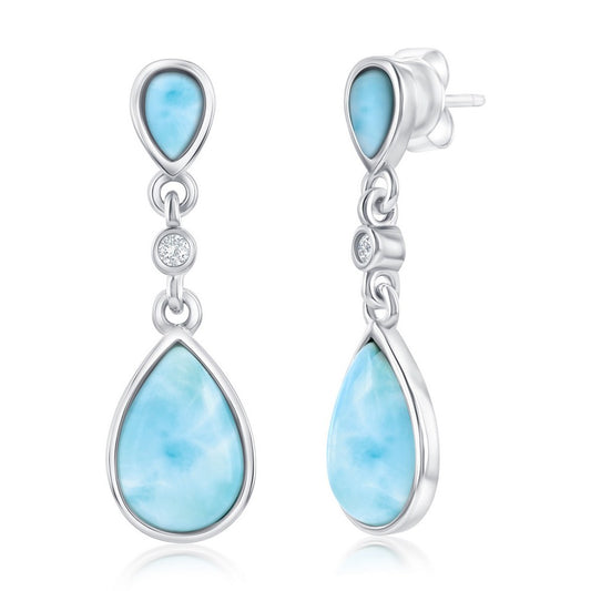 Sterling Silver, Double Pear Larimar with Bezel-Set CZ Earrings