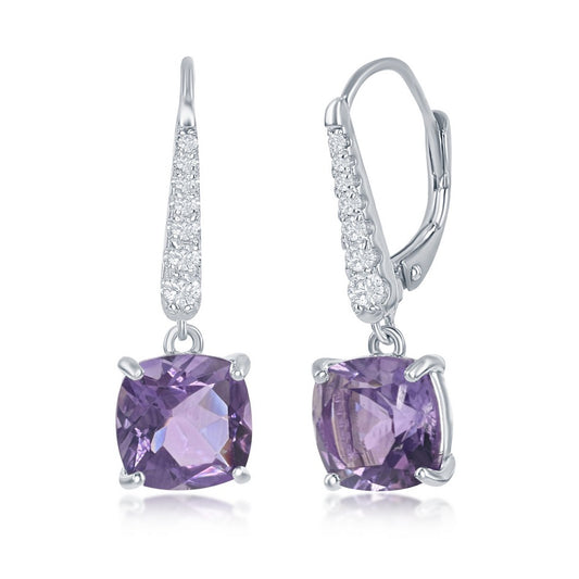 Sterling Silver White Topaz Earrings, w/Four-Prong 9x9mm Cushion-Cut Gem - Amethyst with sparkling details