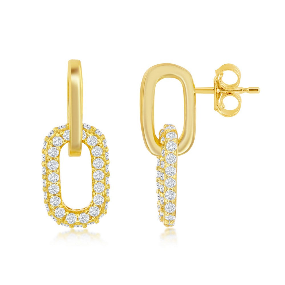 Sterling Silver, Micro Pave CZ Paperclip Earrings - Gold Plated