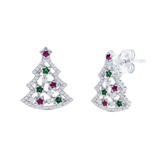 Sterling Silver, Green, Red & White Christmass Tree Stud Earrings