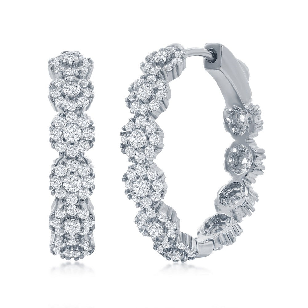 Sterling Silver, 25mm CZ Flower Design Hoop Earrings