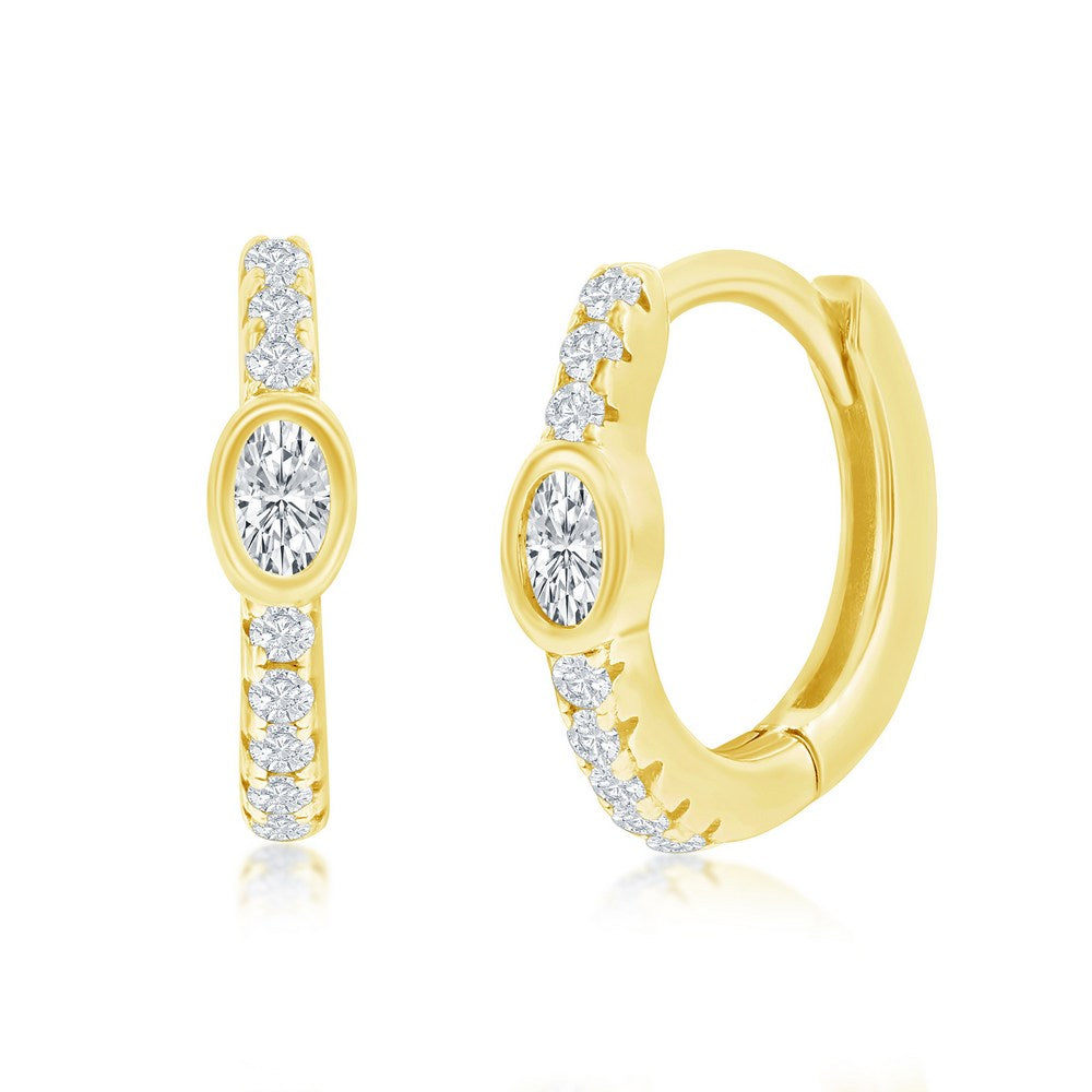 Sterling Silver, 11MM Center Oval CZ Huggie Hoop Earrings - Gold Plated