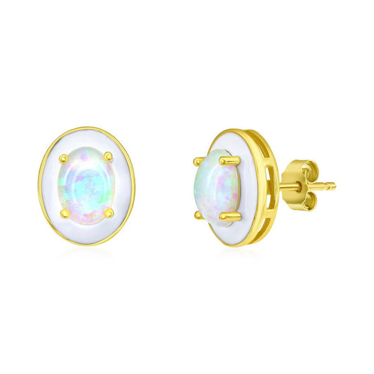 Sterling Silver White Opal & Enamel Oval Studs - Gold Plated