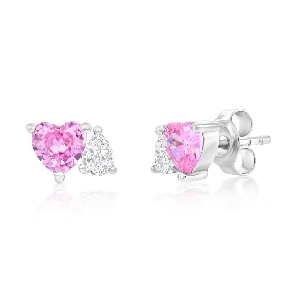 Sterling Silver Heart & Pearshaped CZ Stud Earrings - Pink
