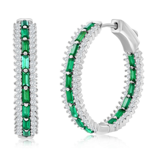 Sterling Silver, Center Baguette & Round CZ Hoop Earrings - Emerald