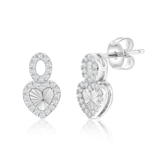 Sterling Silver, Diamond-Cut Heart & Oval CZ Earrings