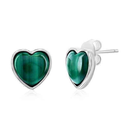Sterling Silver, Bezel-Set Heart Studs - Malachite