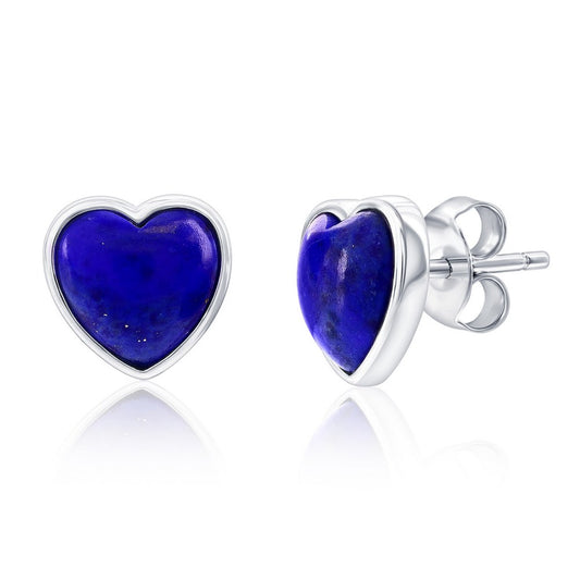 Sterling Silver, Bezel-Set Heart Studs - Lapis