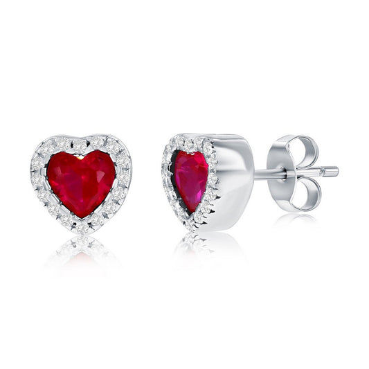 Sterling Silver, CZ Heart Stud Earrings - Ruby