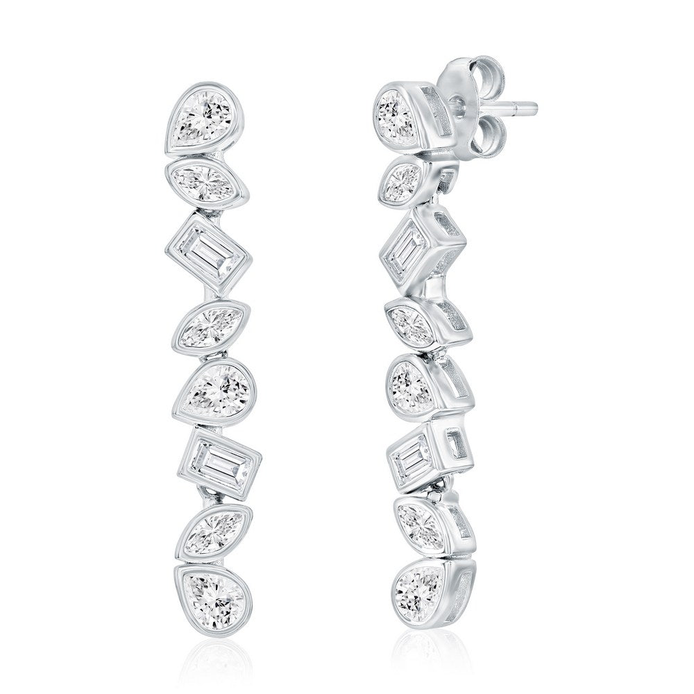 Sterling Silver, Multi-Shaped Bezel-Set CZ Dangle Earrings