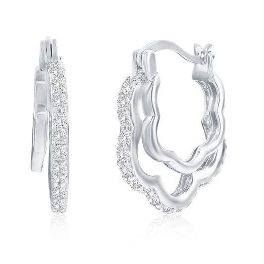 Sterling Silver, Flower CZ Overlapping Hoop Earrings