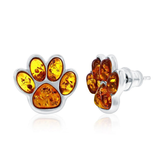 Sterling Silver, Amber Paw Print Studs