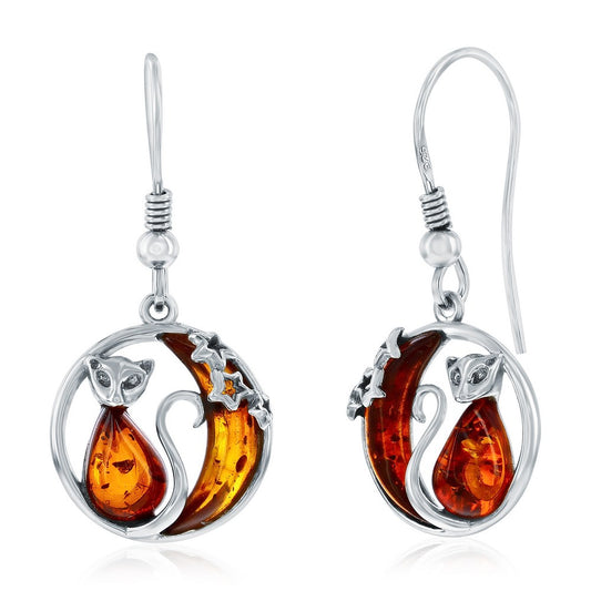 Sterling Silver, Cat & Moon Amber Dangle Earrings