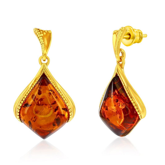 Sterling Silver, Amber Marquise Dangle Earrings - Gold Plated