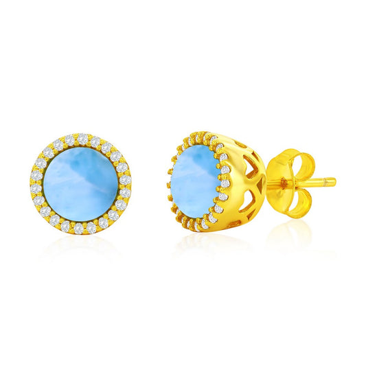 Sterling Silver, 9.5mm Round Larimar, CZ Halo Studs - Gold Plated