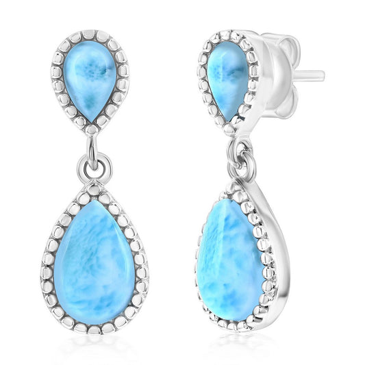 Sterling Silver, Double Pear-Shaped Larimar w/Beaded Border Earrings