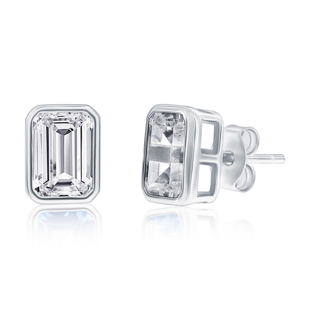Sterling Silver, 'April' Birthstone Rectangle CZ Studs - White CZ
