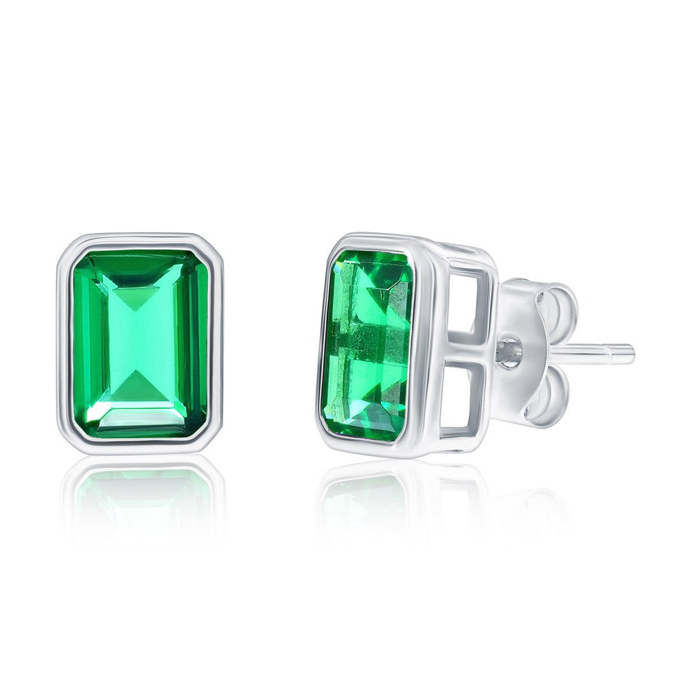 Sterling Silver, 'May' Birthstone Rectangle CZ Studs - Emerald