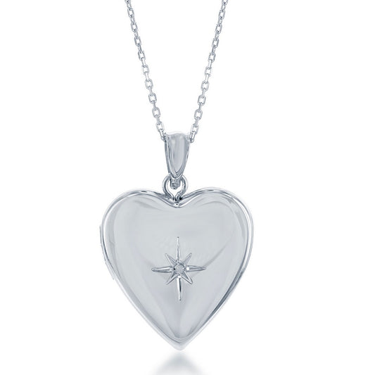 Sterling Silver Shiny Heart Locket with Center Star Diamond Accent W/chain