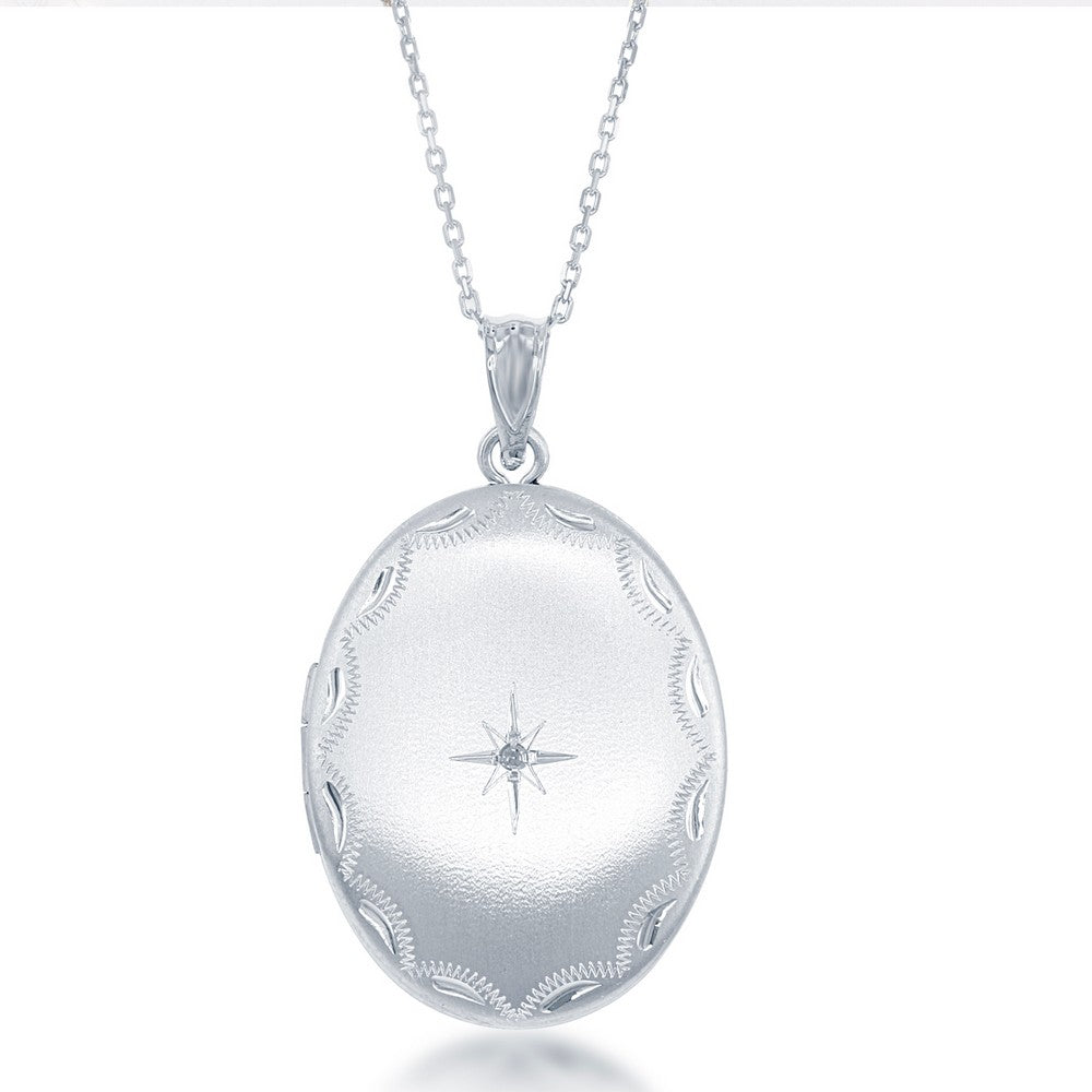 Sterling Silver Matte with Diamond Border and Center Diamond Star Oval Locket W/chain