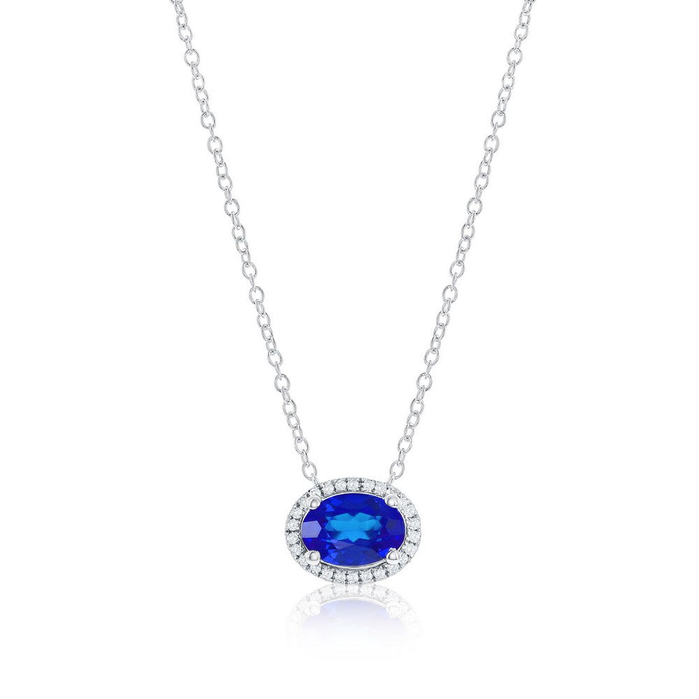 Sterling Silver, Oval 1.00ct Lab-Grown Sapphire & 0.05ct Natural Diamond Necklace - (27 Stones)