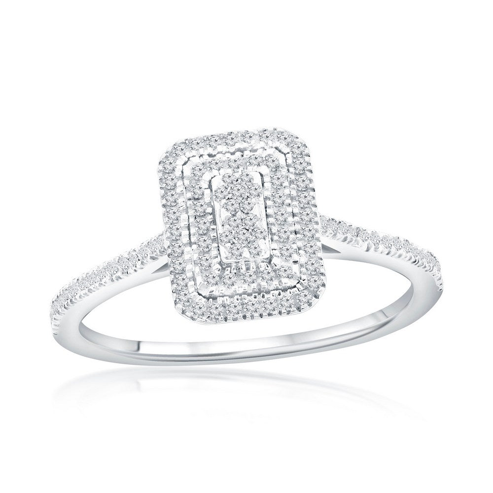 Sterling Silver, Double Frame Emerald Diamond Ring - (119 Stones)