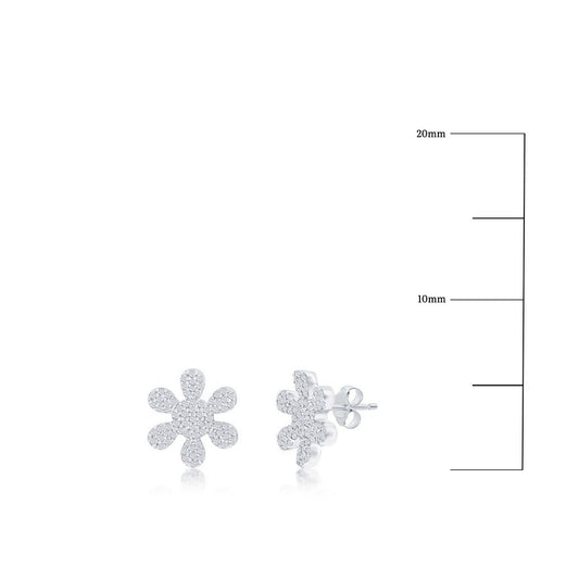 Sterling Silver, Flower Diamond Stud Earrings - (74 Stones)