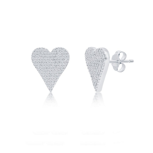 Sterling Silver, Heart Design Diamond Stud Earrings - (118 Stones)