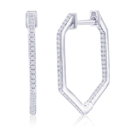 Sterling Silver, Geometric Diamond Hoop Earrings - (94 Stones)