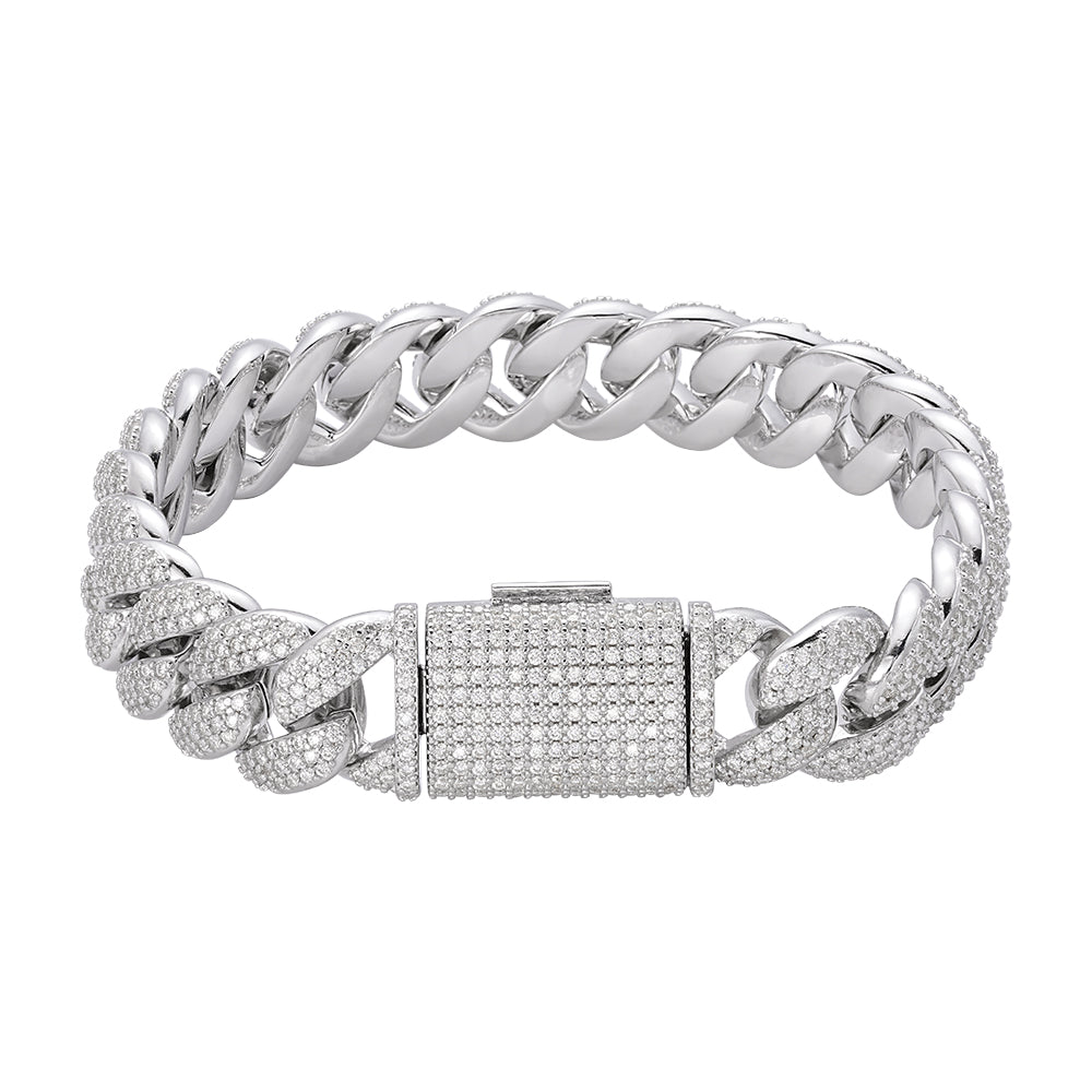 S.Silver Round Moissanite 15mm Cuban 8.50 Inch Bracelet PP 11-3/4 Cttw