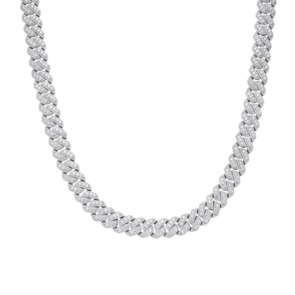 Sterling Silver Round Big Stone in Center Surrounded with Small Stones 12mm Moissanite Cuban Chain 22Inch Necklace Rhodium Plated 30 CT