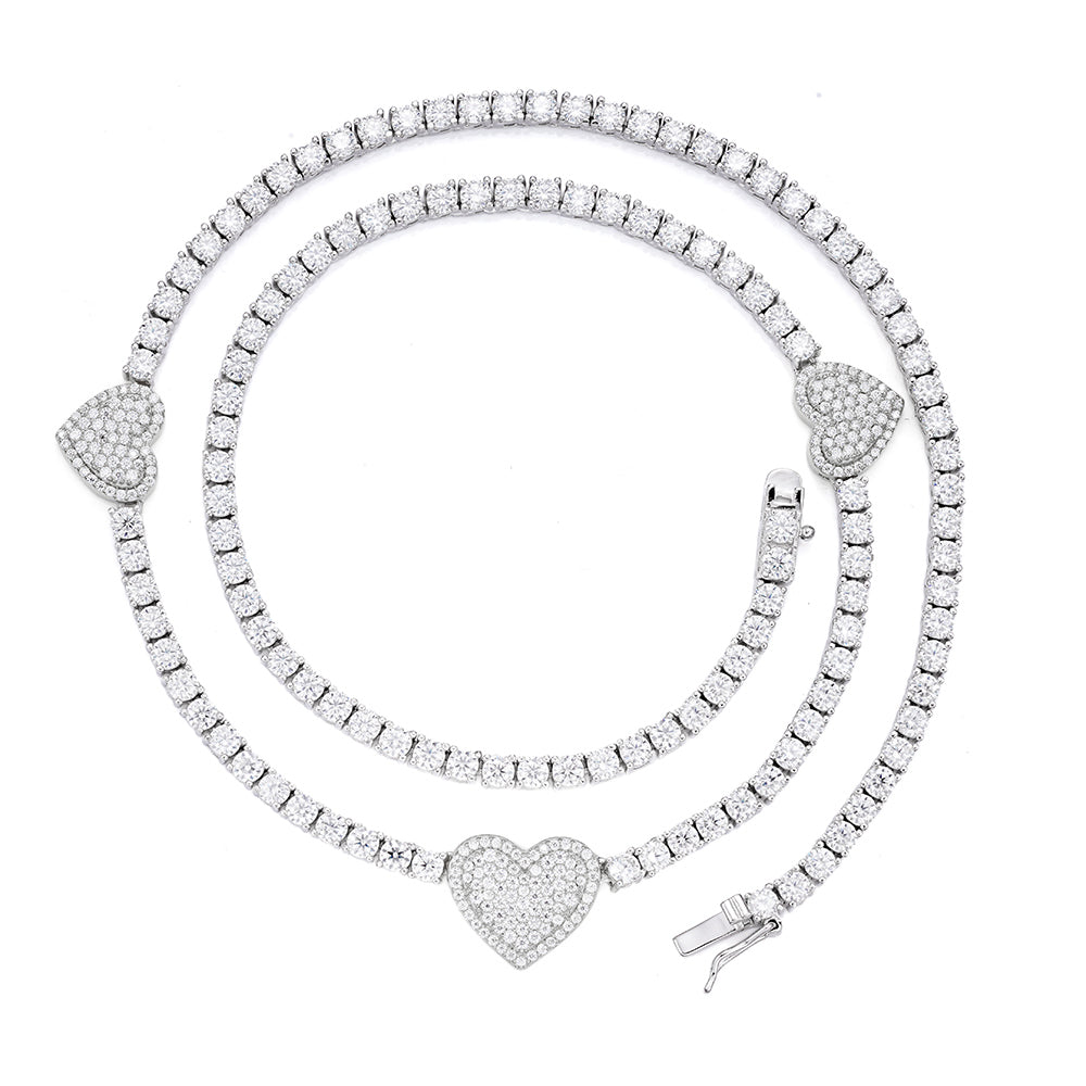 S.Silver Round Moissanite 15mm Heart Designer With 3mm Tennis Chain 20 Inch Necklace RP 1-1/3 Cttw