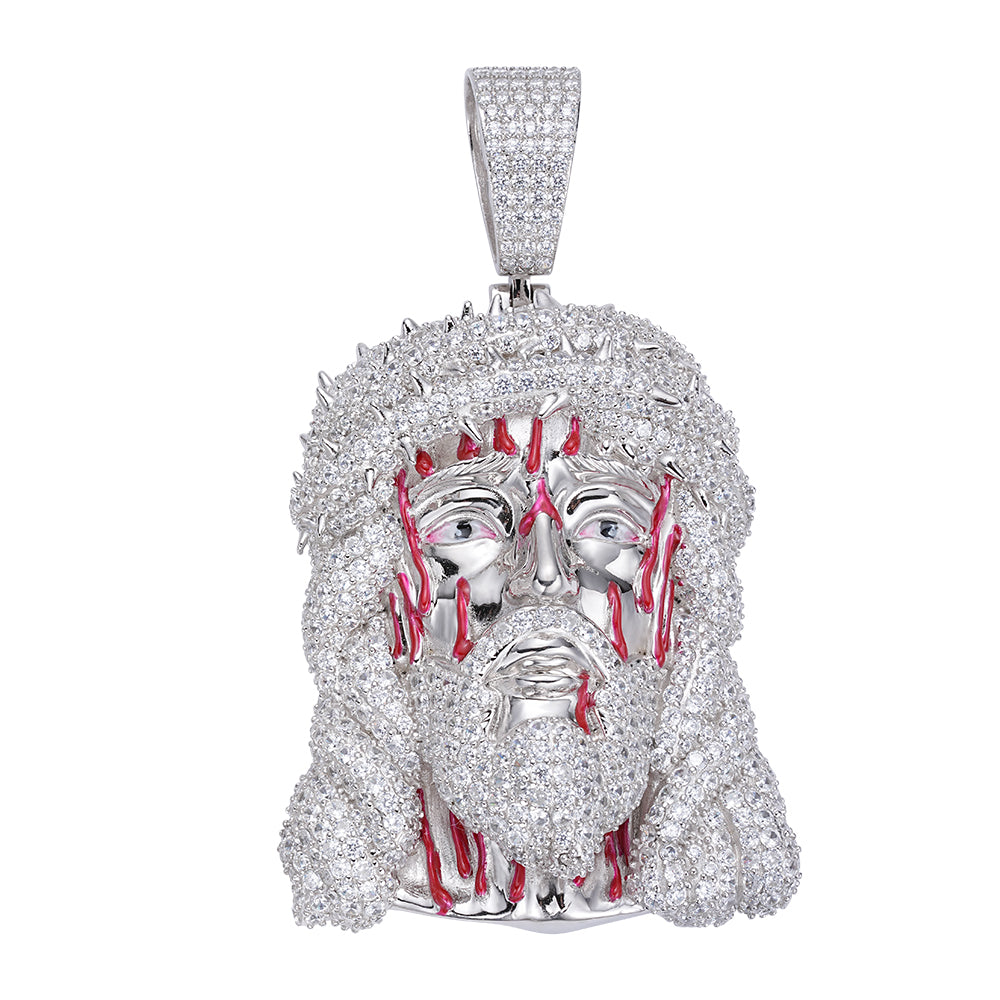 Sterling Silver 60mm Round Moissanite Jesus Face Religious Pendant Rhodium Plated 21-5/8 CT