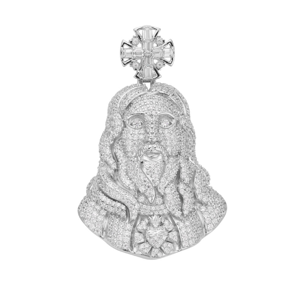 Sterling Silver 45mm Round Baguette Moissanite Jesus Cross Religious Pendant RP 6-3/8 Cttw