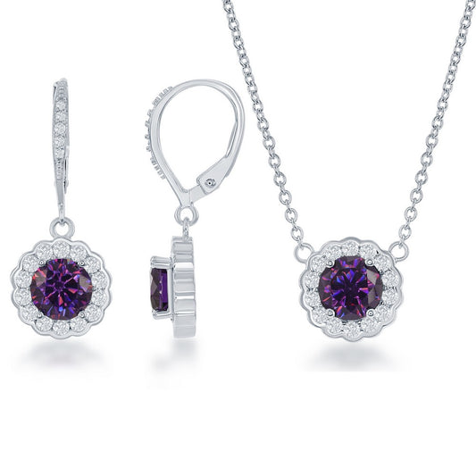 Sterling Silver, February Birthstone w/CZ Border Round Earrings and Necklace Set