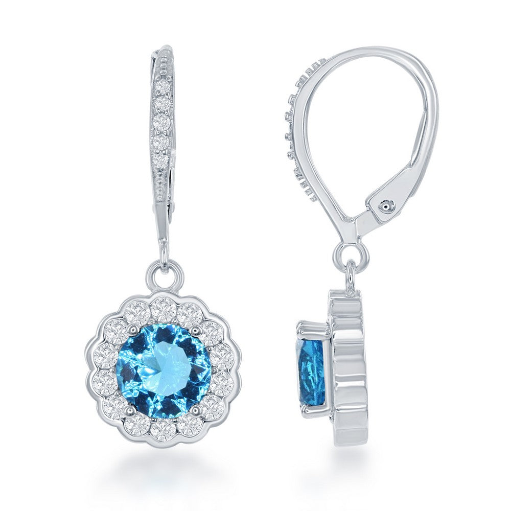 Sterling Silver, March Birthstone w/CZ Border Round Earrings and Necklace Set